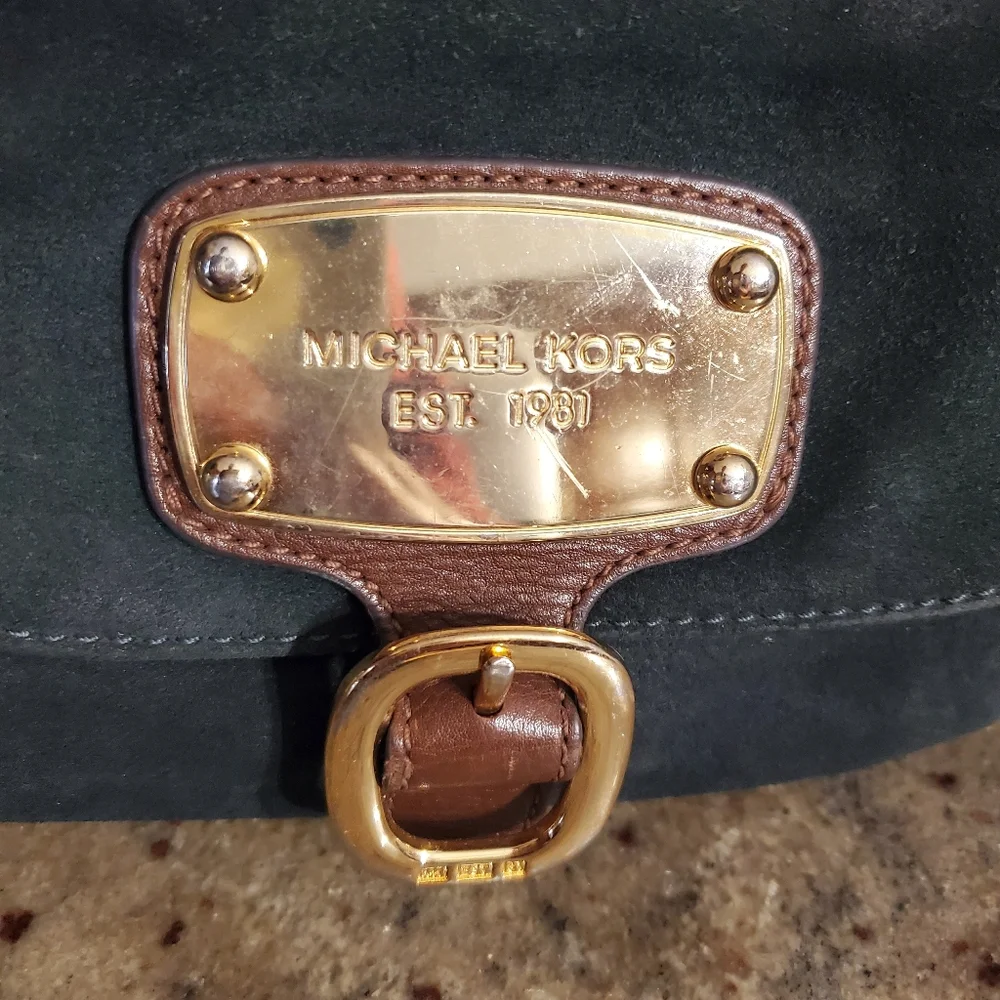 Michael Kors Dark‎ Green Black Suede And Leather Hobo Shoulder Bag